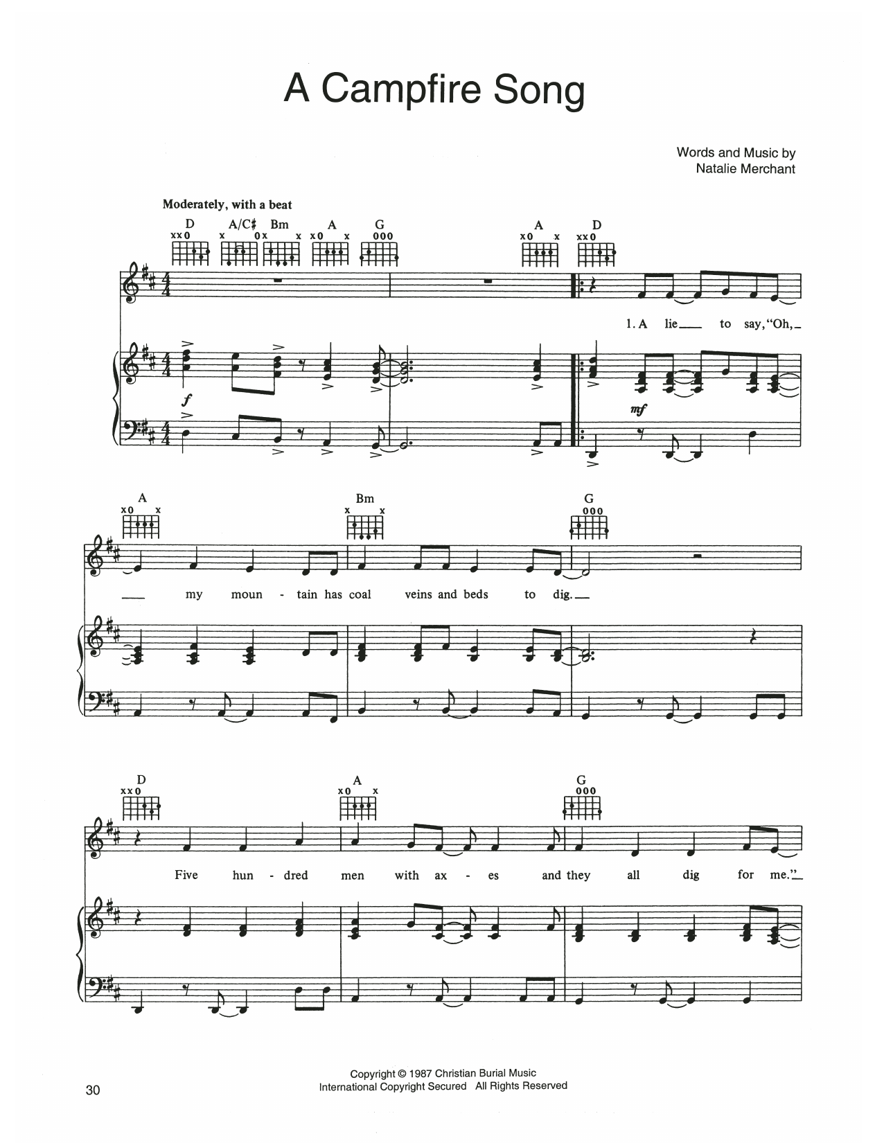 10,000 Maniacs A Campfire Song Sheet Music Notes & Chords for Piano, Vocal & Guitar Chords (Right-Hand Melody) - Download or Print PDF
