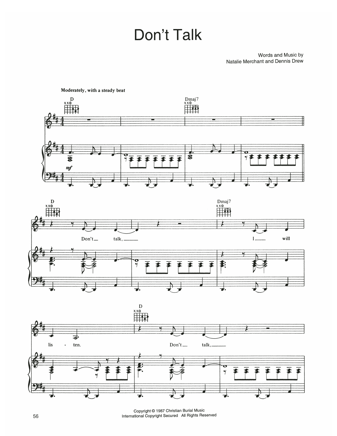 10,000 Maniacs Don't Talk Sheet Music Notes & Chords for Piano, Vocal & Guitar Chords (Right-Hand Melody) - Download or Print PDF