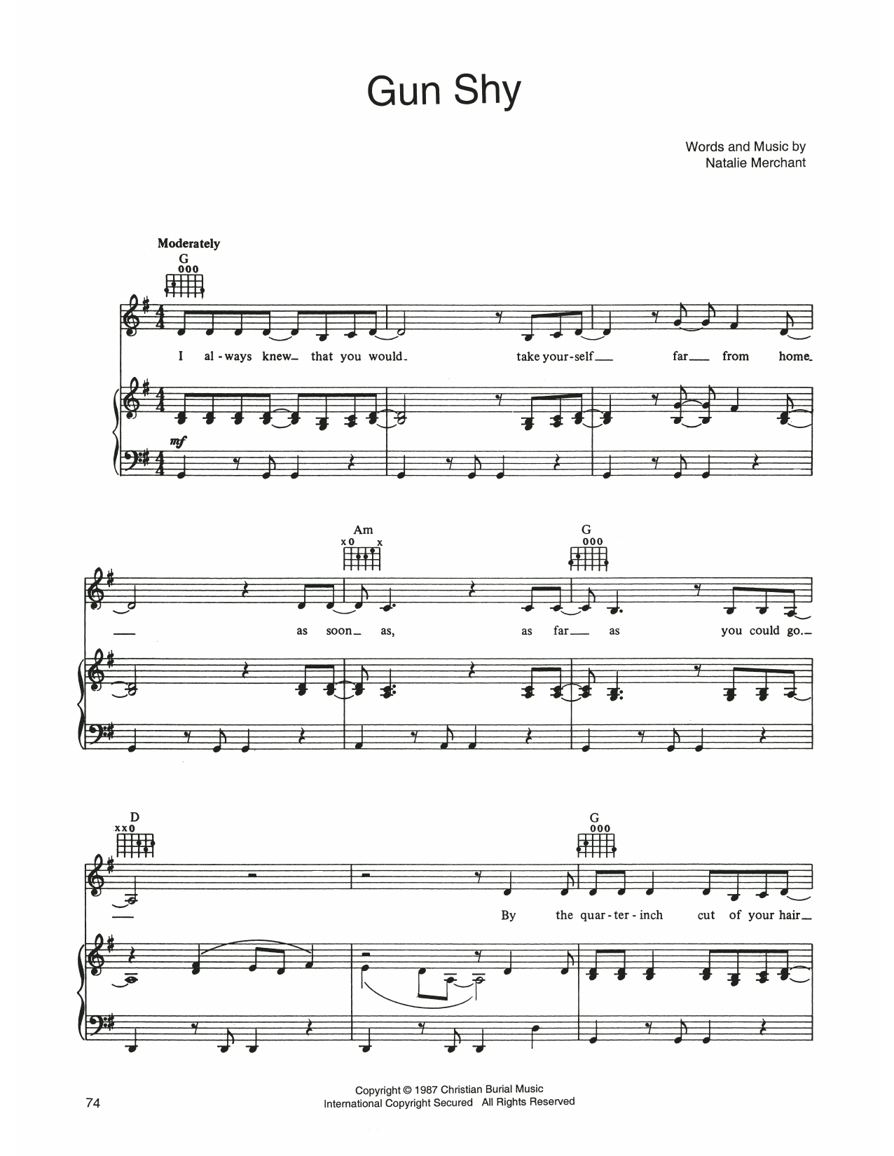 10,000 Maniacs Gun Shy Sheet Music Notes & Chords for Piano, Vocal & Guitar Chords (Right-Hand Melody) - Download or Print PDF