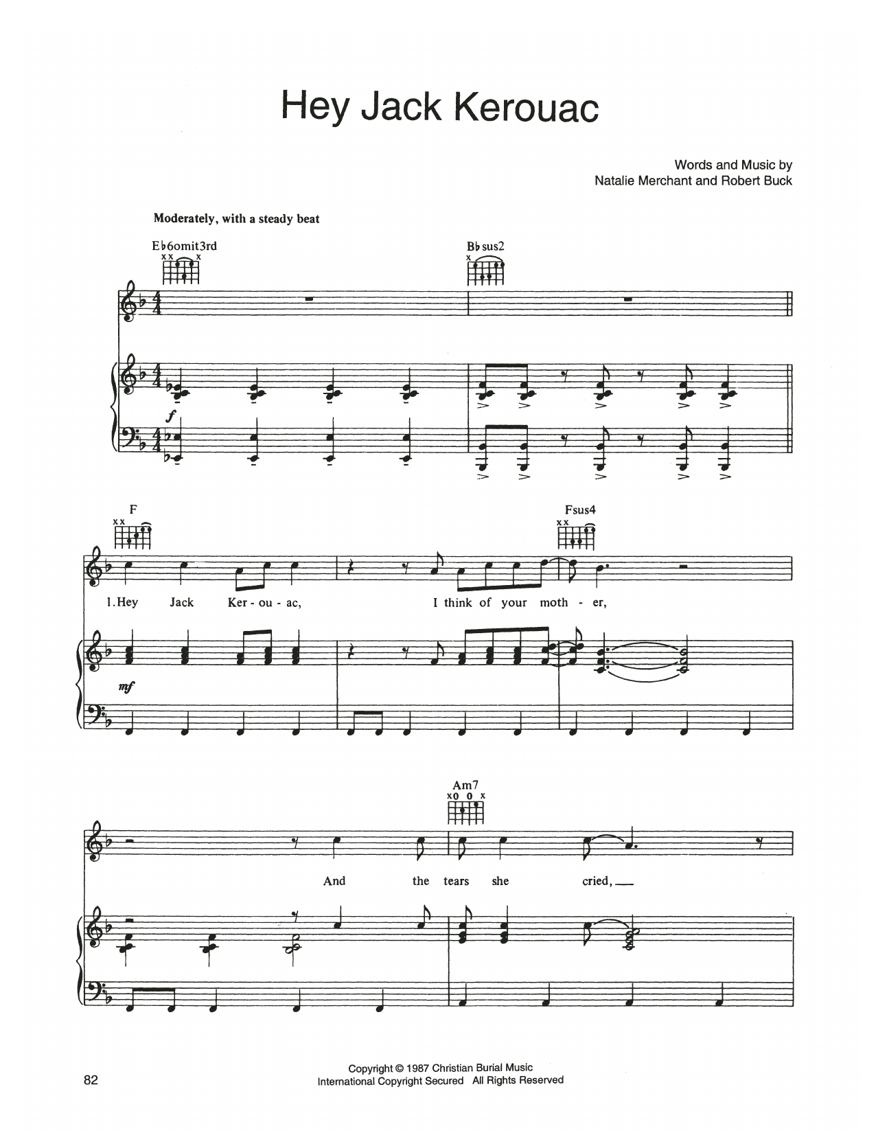 10,000 Maniacs Hey Jack Kerouac Sheet Music Notes & Chords for Piano, Vocal & Guitar Chords (Right-Hand Melody) - Download or Print PDF