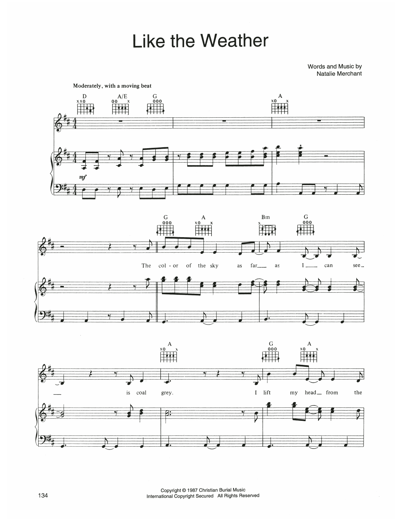 10,000 Maniacs Like The Weather Sheet Music Notes & Chords for Piano, Vocal & Guitar Chords (Right-Hand Melody) - Download or Print PDF