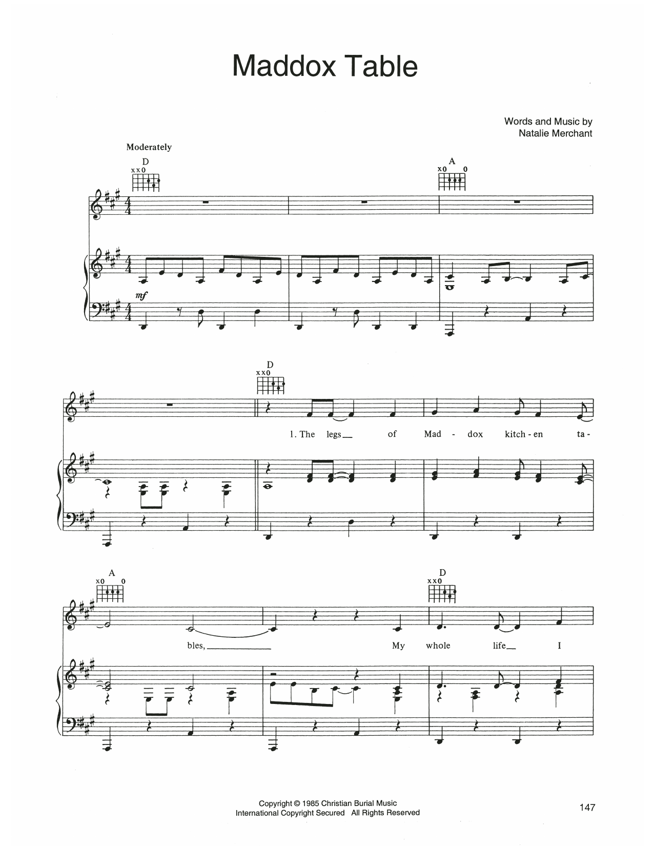 10,000 Maniacs Maddox Table Sheet Music Notes & Chords for Piano, Vocal & Guitar Chords (Right-Hand Melody) - Download or Print PDF