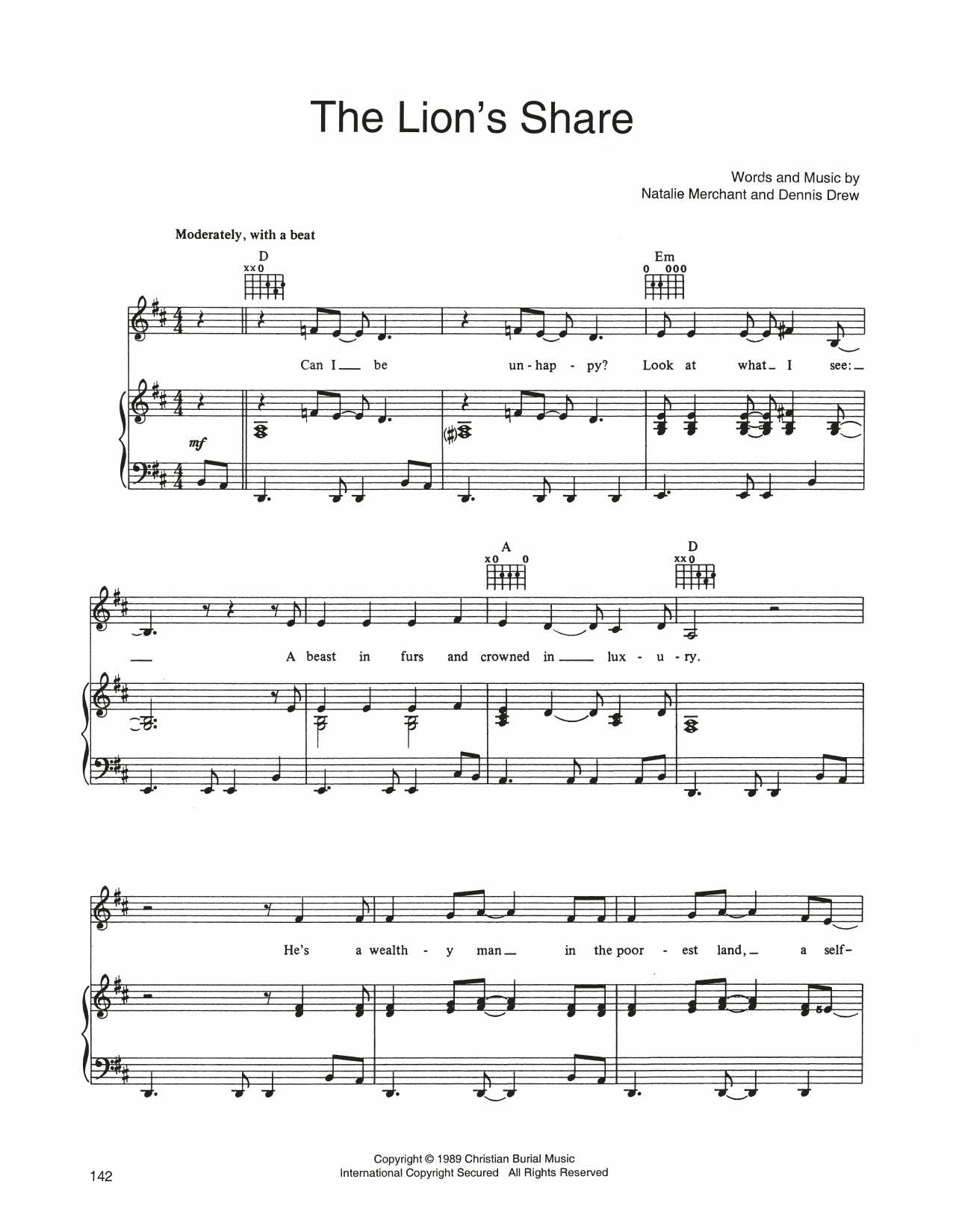 10,000 Maniacs The Lion's Share Sheet Music Notes & Chords for Piano, Vocal & Guitar Chords (Right-Hand Melody) - Download or Print PDF