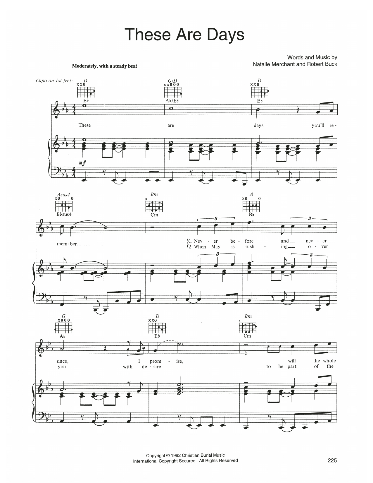10,000 Maniacs These Are Days Sheet Music Notes & Chords for Piano, Vocal & Guitar Chords (Right-Hand Melody) - Download or Print PDF