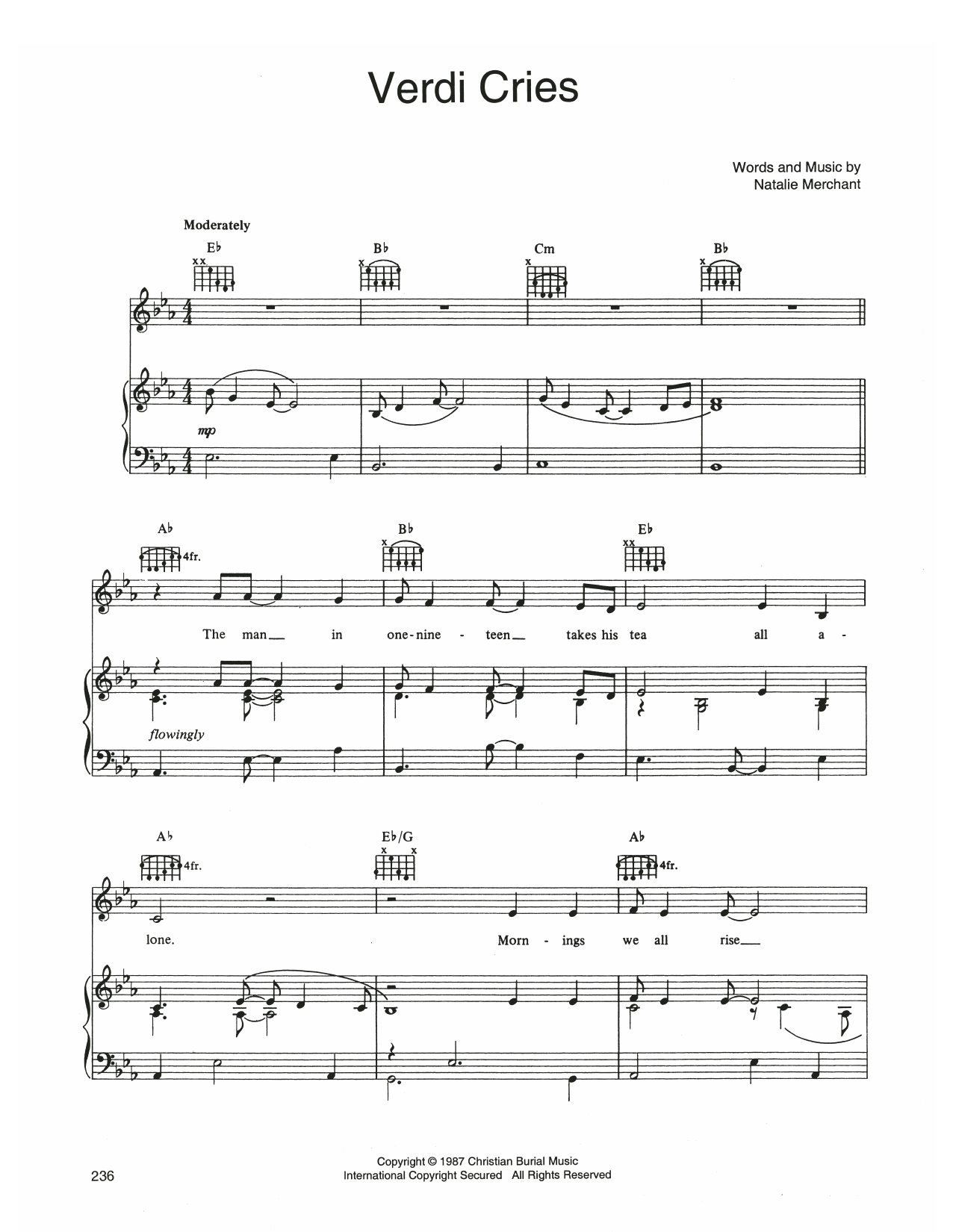 10,000 Maniacs Verdi Cries Sheet Music Notes & Chords for Piano, Vocal & Guitar Chords (Right-Hand Melody) - Download or Print PDF