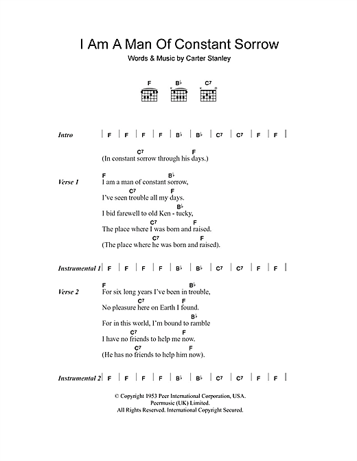 The Soggy Bottom Boys I Am A Man Of Constant Sorrow From O Brother Where Art Thou Sheet Music Notes Chords Download Country Notes Lyrics Chords Pdf Print 102746