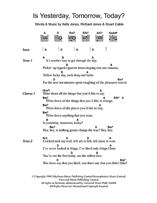 Stereophonics Is Yesterday Tomorrow Today Sheet Music Notes Chords Download Rock Notes Lyrics Chords Pdf Print Stereophonics Is Yesterday Tomorrow Today Sheet Music Notes Chords Download Rock Notes Lyrics Chords Pdf Print