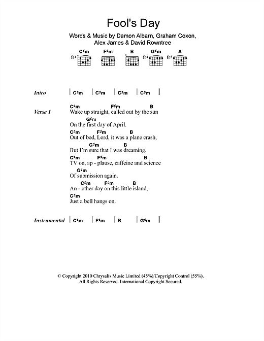 Blur Fool S Day Sheet Music Notes Chords Download Rock Notes Lyrics Chords Pdf Print 104099