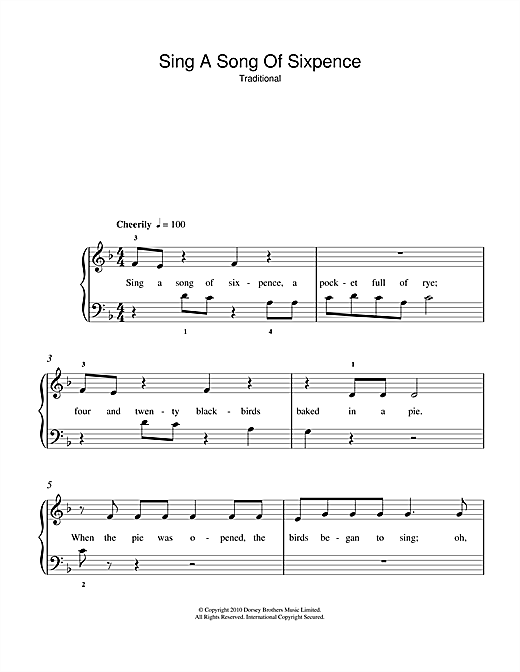 Traditional Nursery Rhyme Sing A Song Of Sixpence Sheet Music Traditional Nursery Rhyme Sing A Song