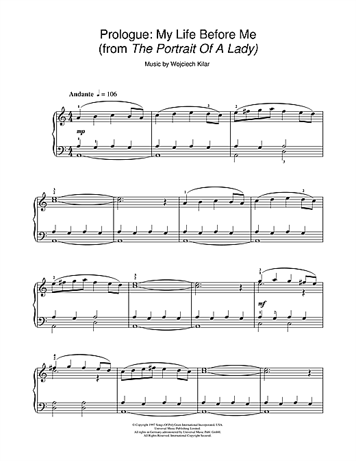 Preview Wojciech Kilar Prologue: My Life Before Me (from The Portrait Of A Lady) Film and TV sheet music, notes and chords for Piano, SKU: 104833 sheet music, piano notes, chords, guitar tabs, score, transpose, transcribe, how to play, guide, download, learn, tutorial, progression, song, artist, awards, billboard, mtv, vh1, tour, single, album, release