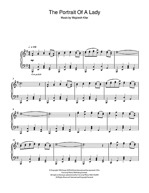 Preview Wojciech Kilar The Portrait Of A Lady (End Credits) Film and TV sheet music, notes and chords for Piano, SKU: 105382 sheet music, piano notes, chords, guitar tabs, score, transpose, transcribe, how to play, guide, download, learn, tutorial, progression, song, artist, awards, billboard, mtv, vh1, tour, single, album, release