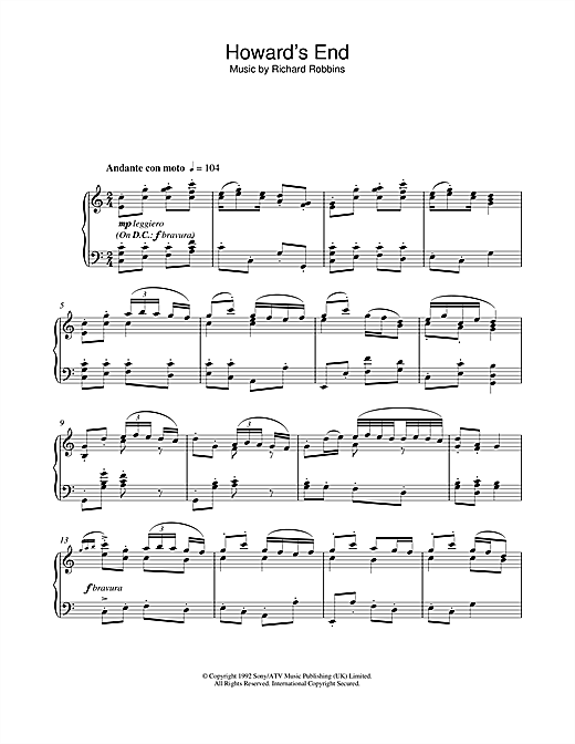 Preview Richard Robbins Howard's End (Closing Credits) Film and TV sheet music, notes and chords for Piano, SKU: 105385 sheet music, piano notes, chords, guitar tabs, score, transpose, transcribe, how to play, guide, download, learn, tutorial, progression, song, artist, awards, billboard, mtv, vh1, tour, single, album, release