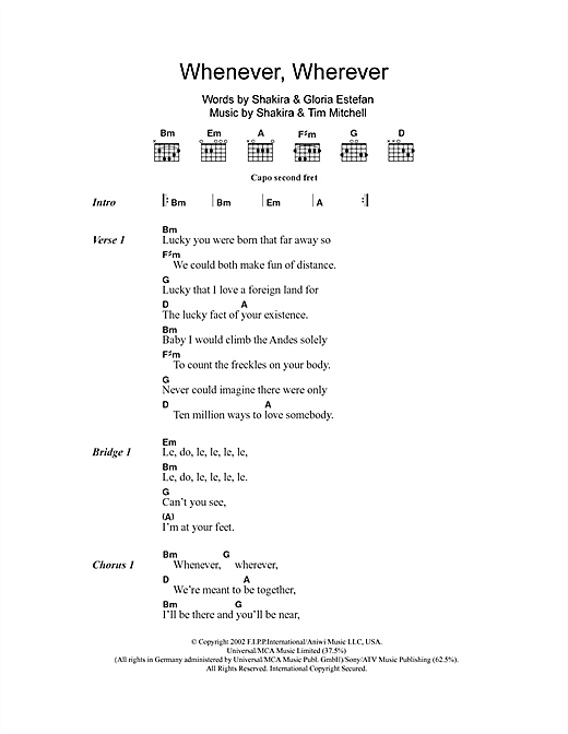 Shakira whenever текст. Whenever wherever Shakira текст. Shakira whenever, wherever Ноты. Whenever wherever перевод.