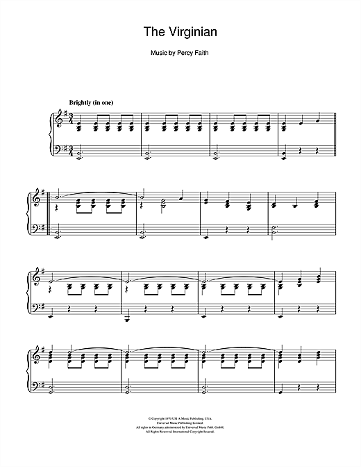 Preview Percy Faith The Virginian Film and TV sheet music, notes and chords for Piano, SKU: 107262 sheet music, piano notes, chords, guitar tabs, score, transpose, transcribe, how to play, guide, download, learn, tutorial, progression, song, artist, awards, billboard, mtv, vh1, tour, single, album, release