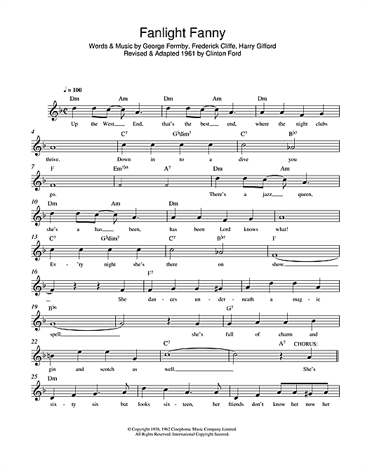 Preview George Formby Fanlight Fanny Classics sheet music, notes and chords for Melody Line, Lyrics & Chords, SKU: 108224 sheet music, piano notes, chords, guitar tabs, score, transpose, transcribe, how to play, guide, download, learn, tutorial, progression, song, artist, awards, billboard, mtv, vh1, tour, single, album, release