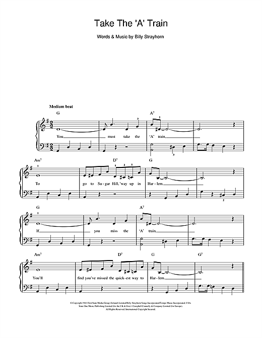 Duke Ellington Take The A Train Sheet Music Notes Chords Download Jazz Notes Beginner Piano Pdf Print 1060