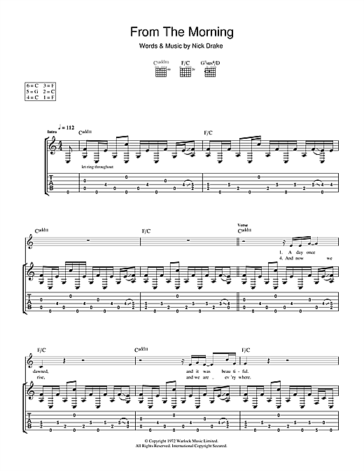 Preview Nick Drake From The Morning Rock sheet music, notes and chords for Guitar Tab, SKU: 108508 sheet music, piano notes, chords, guitar tabs, score, transpose, transcribe, how to play, guide, download, learn, tutorial, progression, song, artist, awards, billboard, mtv, vh1, tour, single, album, release