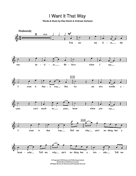 Backstreet Boys I Want It That Way Sheet Music Notes Chords Download Pop Notes Clarinet Pdf Print