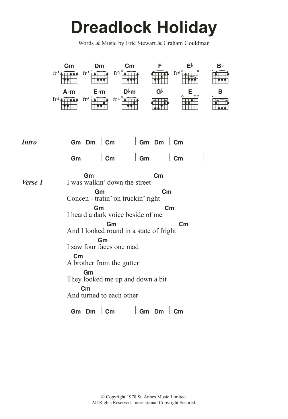 10cc Dreadlock Holiday Sheet Music Notes & Chords for Lyrics & Chords - Download or Print PDF