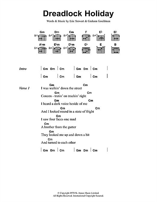 10cc Dreadlock Holiday Sheet Music Notes & Chords for Lyrics & Chords - Download or Print PDF