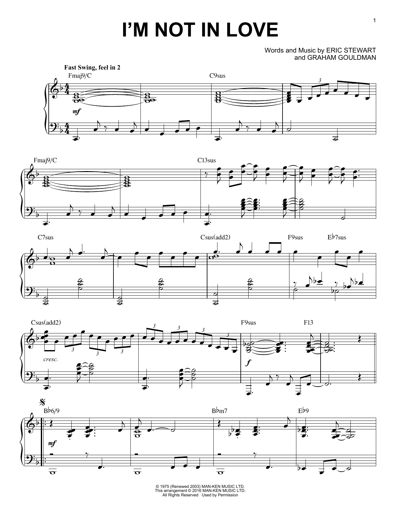 10Cc I'm Not In Love [Jazz version] (arr. Brent Edstrom) Sheet Music Notes & Chords for Piano Solo - Download or Print PDF