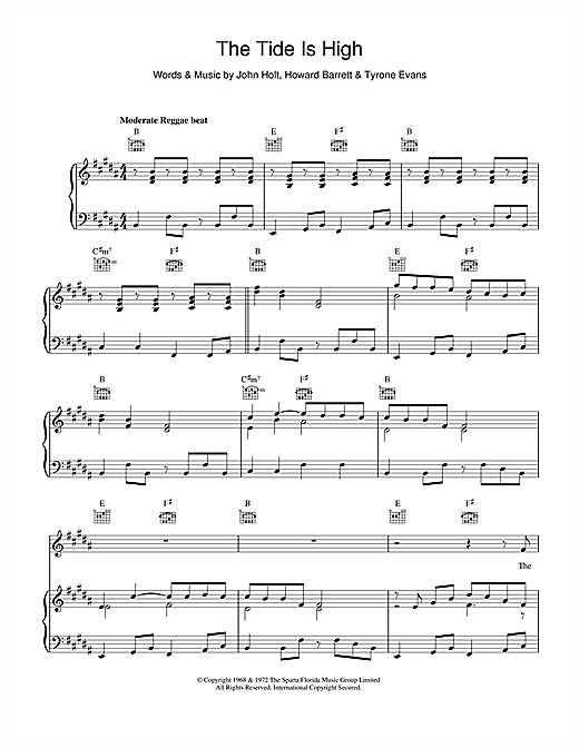 Blondie The Tide Is High Sheet Music Notes Chords Download Pop Notes Piano Vocal Guitar Right Hand Melody Pdf Print 110020