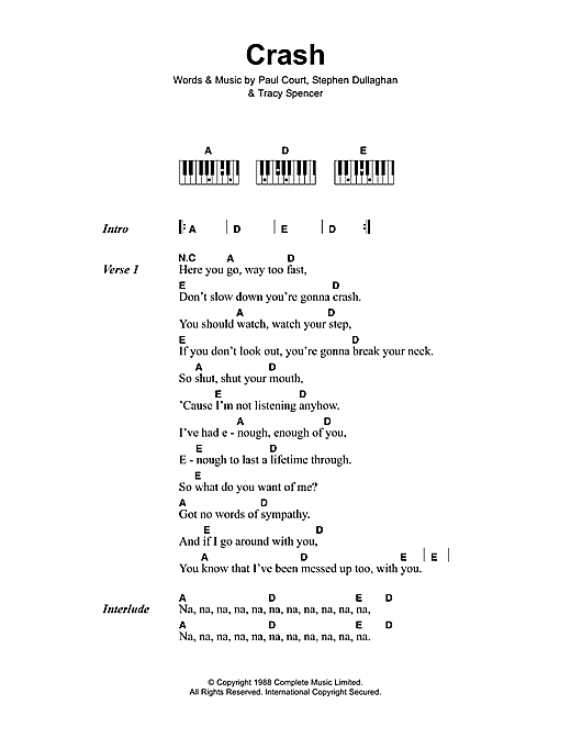 The Primitives Crash Sheet Music Notes Chords Download Pop Notes Lyrics Piano Chords Pdf Print 110470