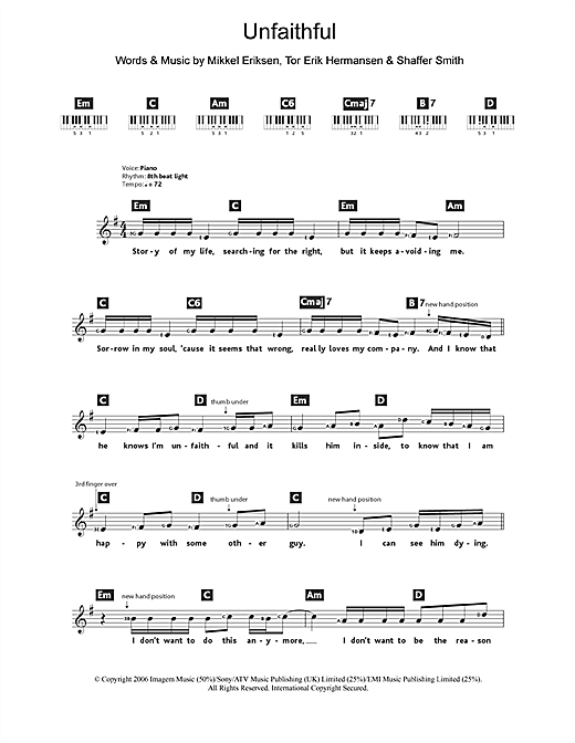 Rihanna Unfaithful Sheet Music Notes Chords Download R B Notes Keyboard Pdf Print 110539