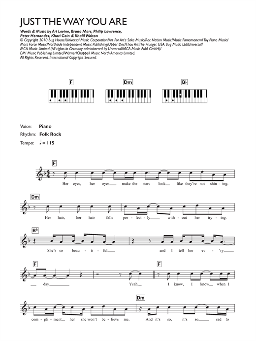 Bruno Mars Just The Way You Are Sheet Music Notes Chords Download Pop Notes Keyboard Pdf Print 111032