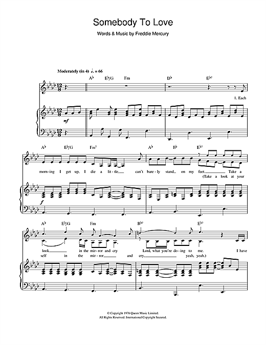 Queen Somebody To Love Sheet Music Notes Chords Download Rock Notes Piano Vocal Guitar Pdf Print 111098