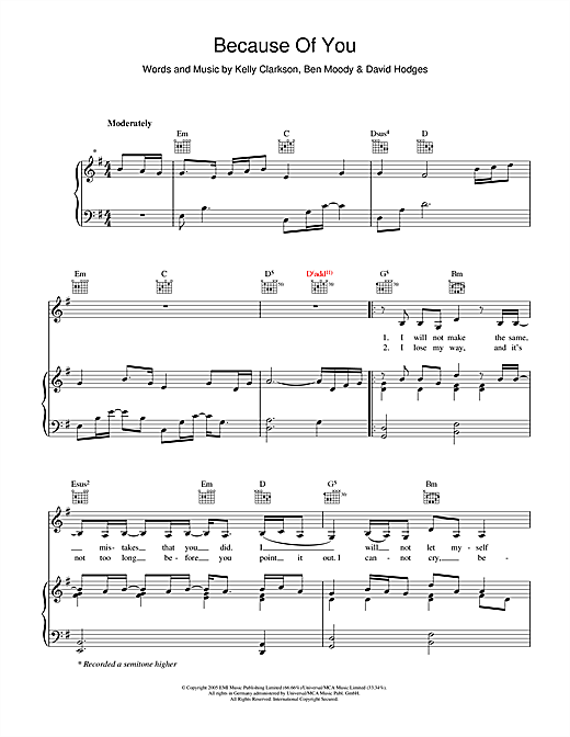 Kelly Clarkson Because Of You Sheet Music Notes Chords Download Pop Notes Piano Vocal Guitar Right Hand Melody Pdf Print 111215
