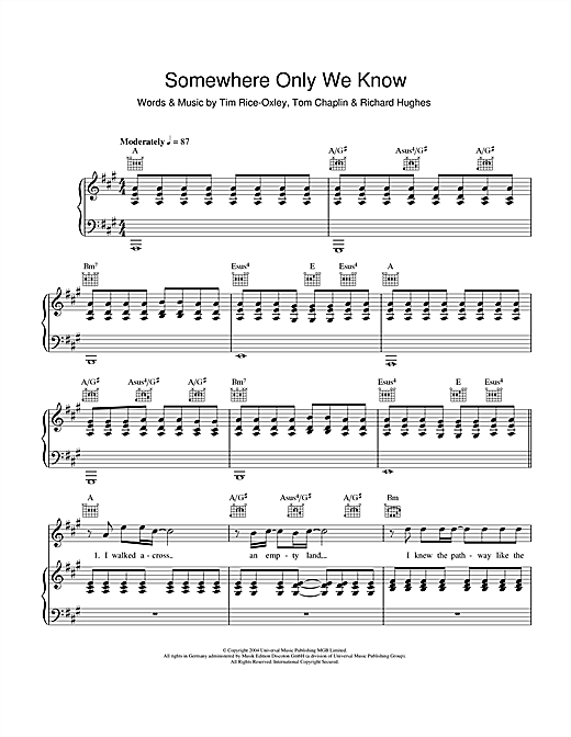 Keane Somewhere Only We Know Sheet Music Notes Chords Download