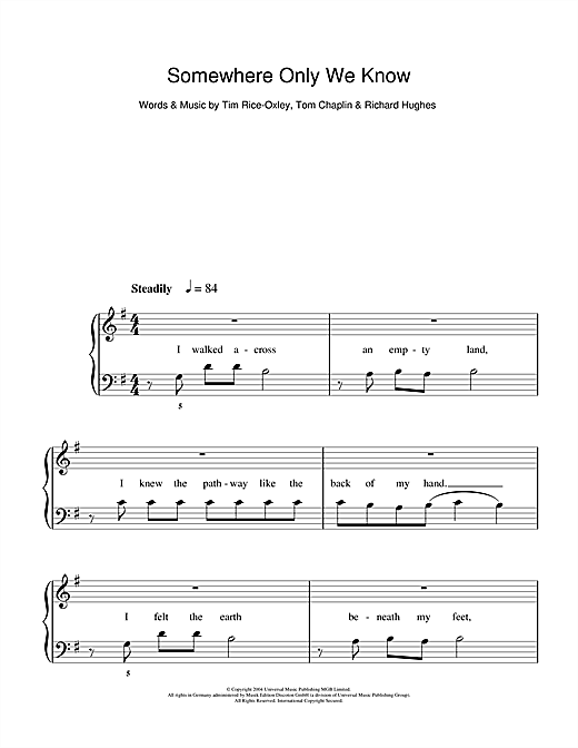 Keane Somewhere Only We Know Sheet Music Notes Chords Download