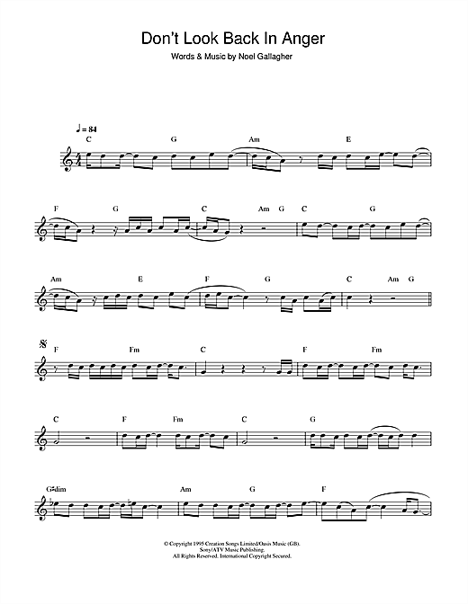 Oasis Don T Look Back In Anger Sheet Music Notes Chords Download Rock Notes Alto Saxophone Pdf Print