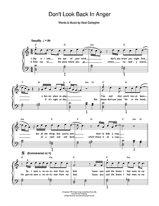 Oasis Don T Look Back In Anger Sheet Music Notes Chords Download Rock Notes Easy Piano Pdf Print