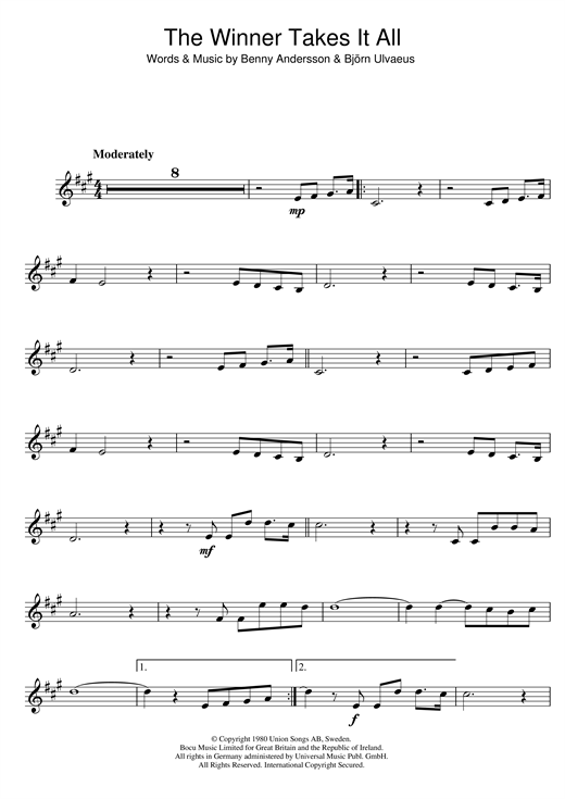Abba The Winner Takes It All Sheet Music Notes Chords Download Pop Notes Clarinet Pdf Print 111937
