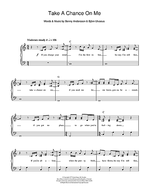 Abba Take A Chance On Me Sheet Music Notes Chords Download Pop Notes Piano Vocal Pdf Print 112076