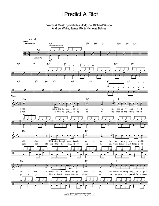 Kaiser Chiefs I Predict A Riot Sheet Music Notes Chords Download Rock Notes Drums Pdf Print 112208