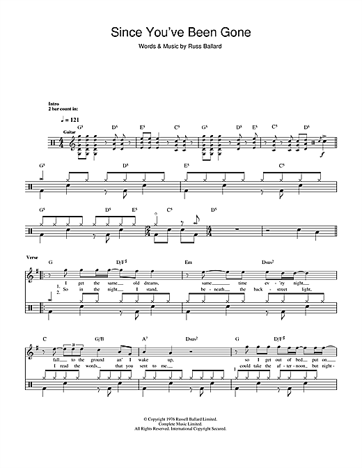 Rainbow Since You Ve Been Gone Sheet Music Notes Chords Download Rock Notes Drums Pdf Print 112286