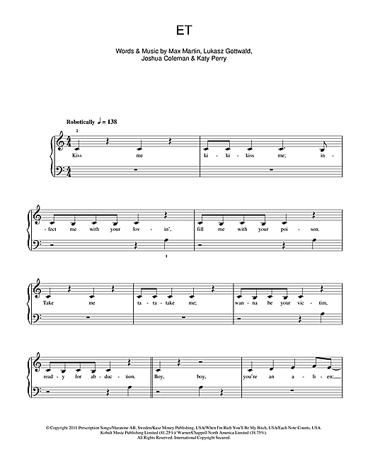 Katy Perry E T Feat Kanye West Sheet Music Notes Chords