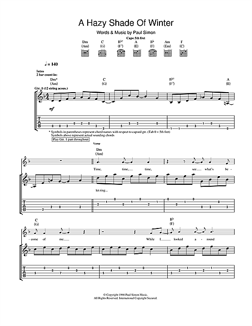 Simon Garfunkel A Hazy Shade Of Winter Sheet Music Notes Chords