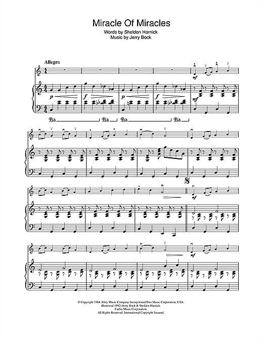 Jerry Bock Miracle Of Miracles From Fiddler On The Roof Sheet