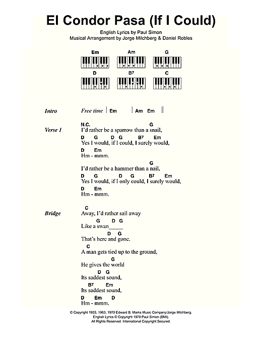 Simon Garfunkel El Condor Pasa If I Could Sheet Music Notes