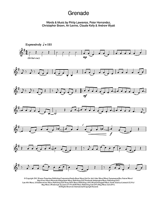 Bruno Mars Grenade Sheet Music Notes Chords Download Pop Notes Clarinet Pdf Print 113285