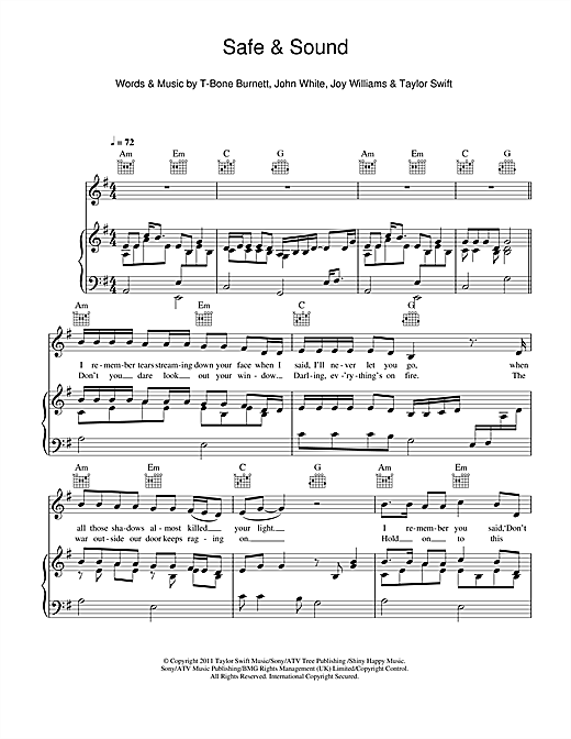Taylor Swift Safe And Sound Sheet Music Notes Chords Download Pop Notes Piano Vocal Guitar Right Hand Melody Pdf Print 113985