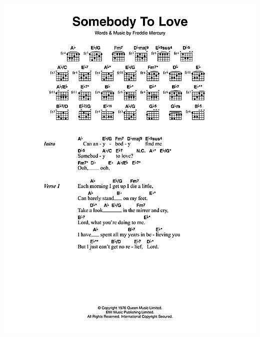 Queen Somebody To Love Sheet Music Notes Chords Download Rock Notes Lyrics Chords Pdf Print 114085
