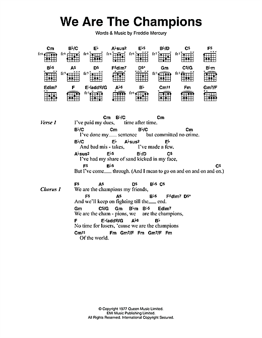 Queen We Are The Champions Sheet Music Notes Chords Download Rock Notes Lyrics Chords Pdf Print 114098