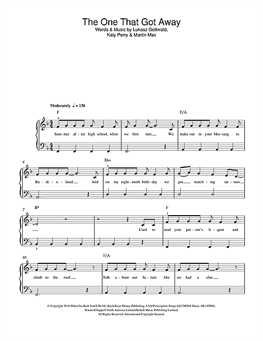 Katy Perry The One That Got Away Sheet Music Notes Chords Download Pop Notes Beginner Piano Pdf Print 114336