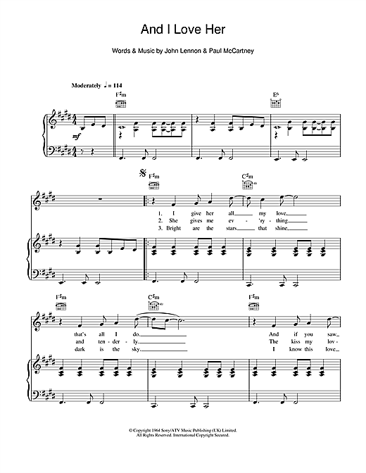 The Beatles And I Love Her Sheet Music Notes Chords Download Rock Notes Piano Vocal Guitar Pdf Print 114851