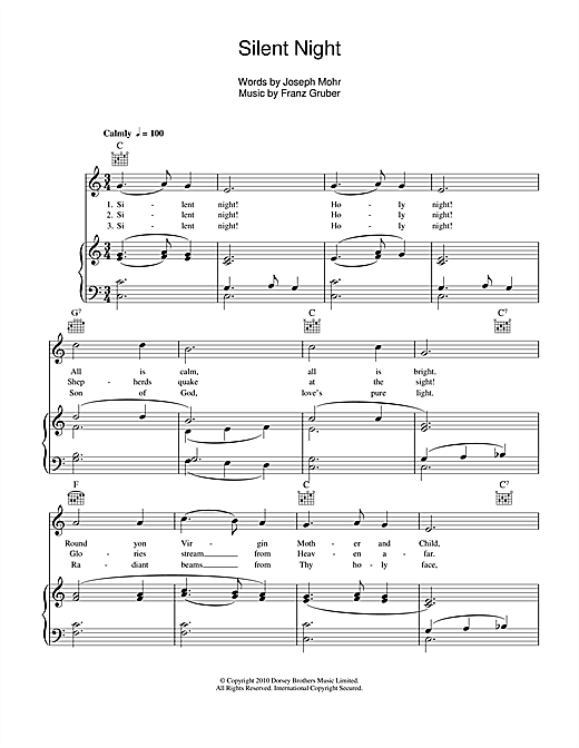 Franz Gruber Silent Night Sheet Music Notes Chords Download Christmas Notes Piano Vocal Guitar Right Hand Melody Pdf Print 114863